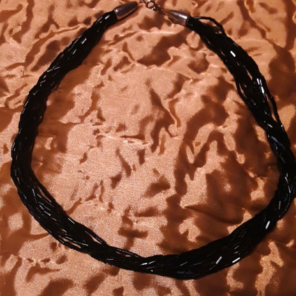 Multi Strand Jet Black Beaded Necklace